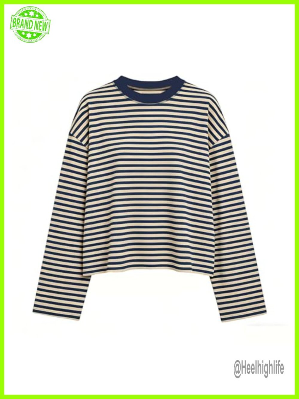 Oversized Striped Long Sleeve Crewneck Tee Boxy Fit Casual Top